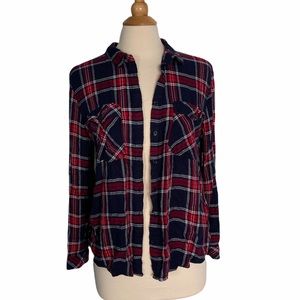 Red Navy Soft Button Up Plaid Flannel H29